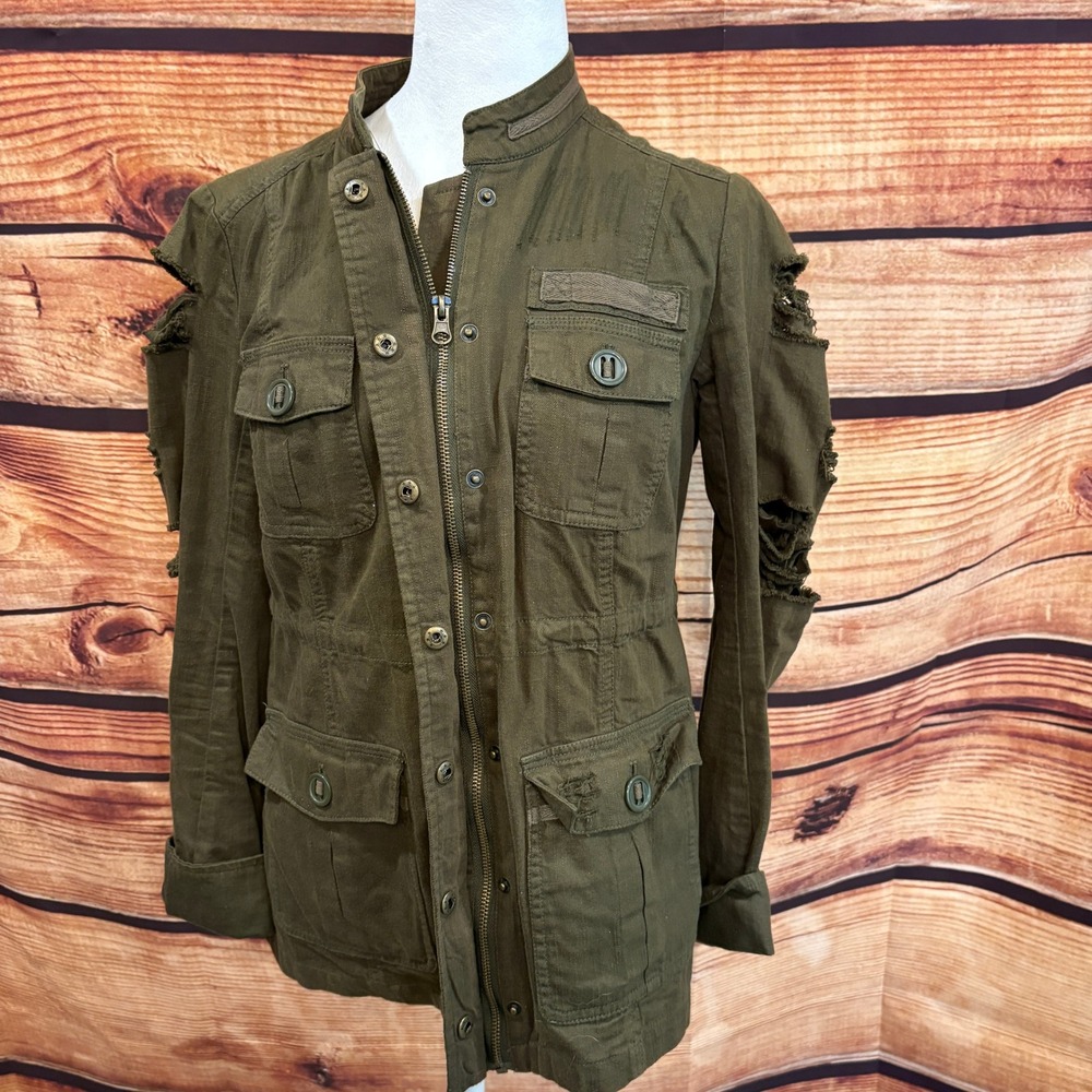 NewYork‎ & Co Womens Dark Green Distressed Military Style Jacket Size XS
